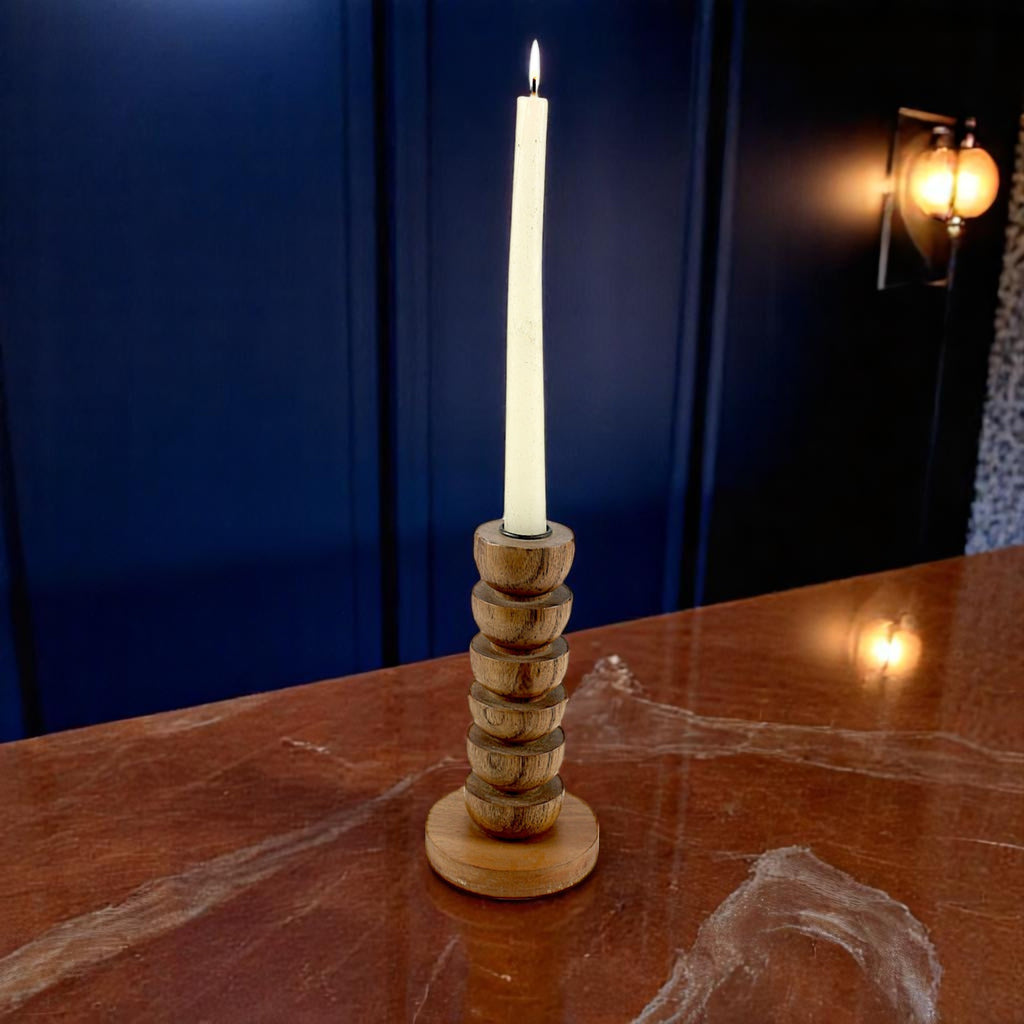 lakkadbaaz light brown wooden candle holder semi-gloss finish Geometric Turned Design