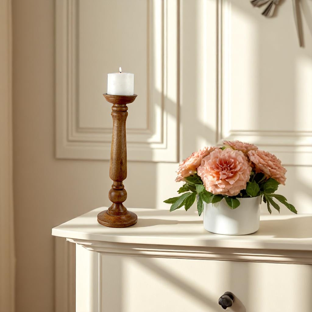 Premium Handcrafted Mango Wood Brown Classic Candle Pillar Holder