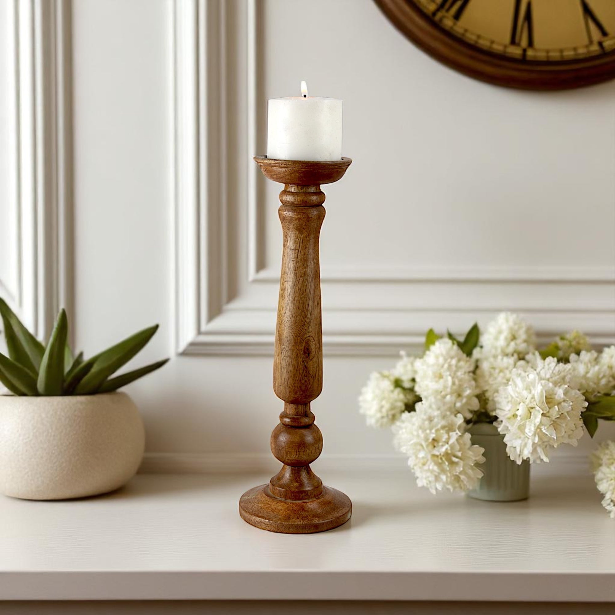 Premium Handcrafted Mango Wood Brown Classic Candle Pillar Holder