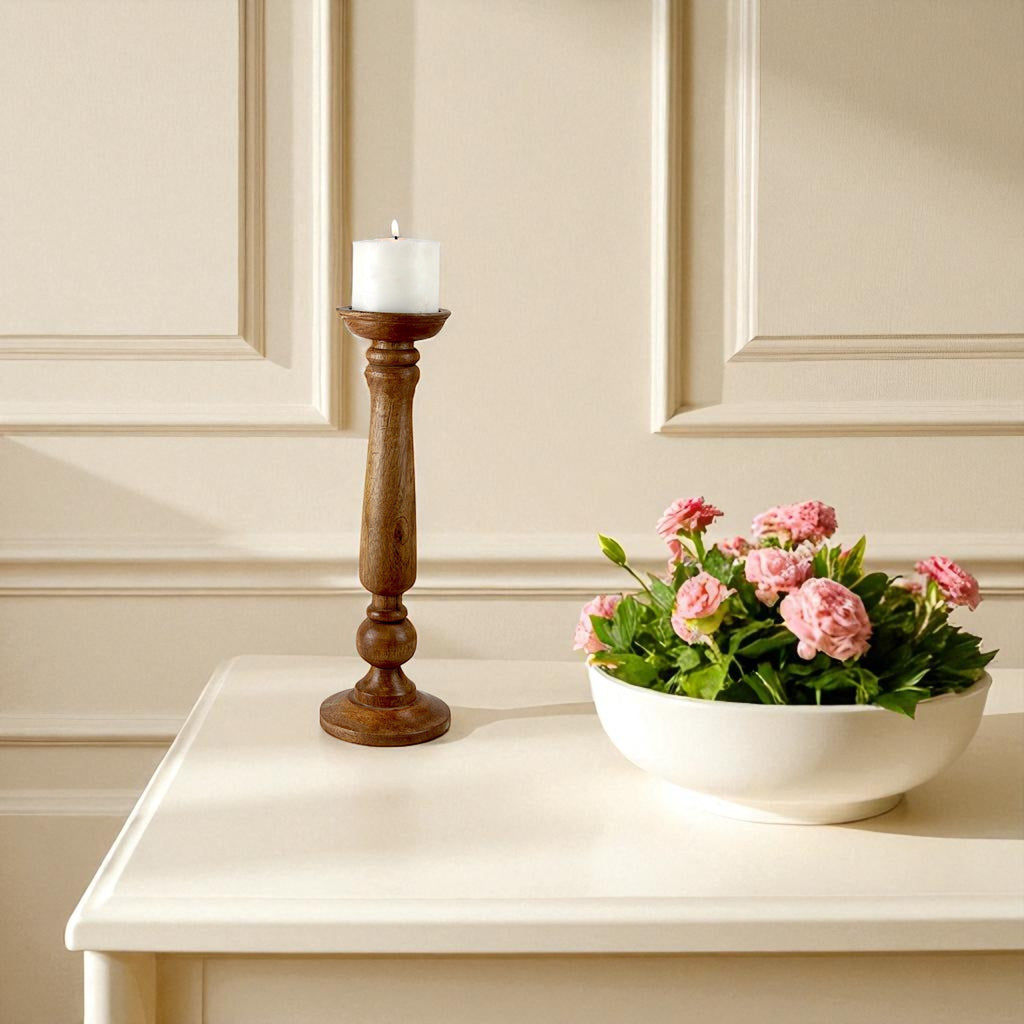 Premium Handcrafted Mango Wood Brown Classic Candle Pillar Holder