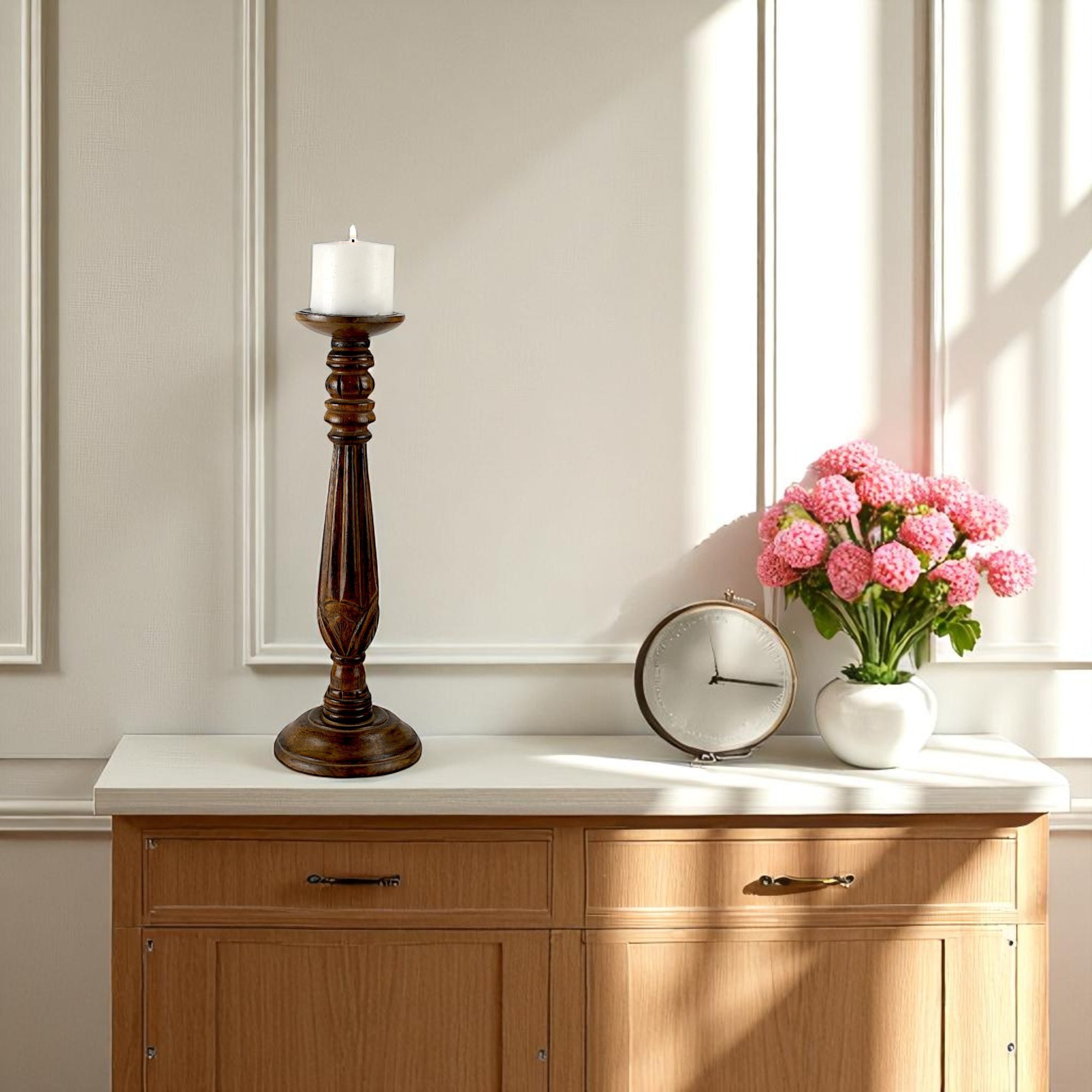 Premium Handcrafted Mango Wood Brown Candle Pillar Holder