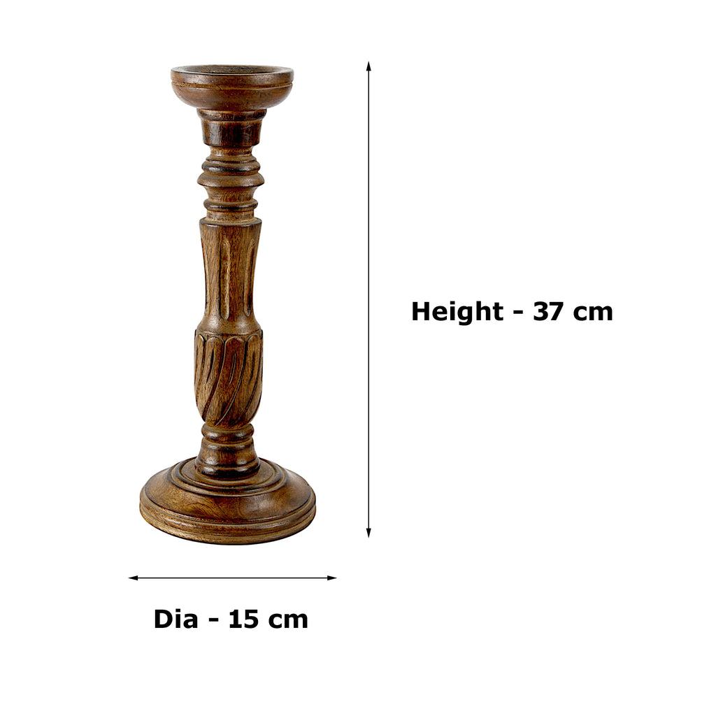 Handcrafted Mango Wood Brown Carved Pillar Candle Holder