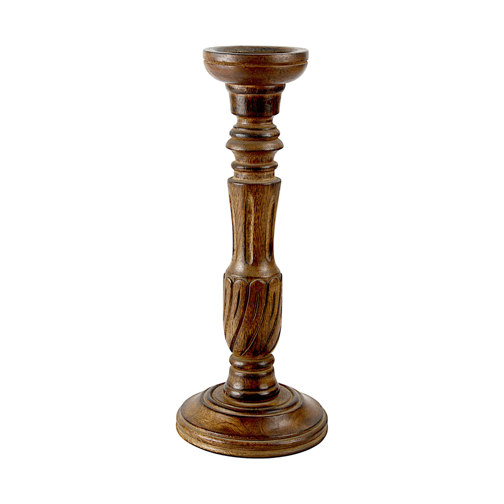 Handcrafted Mango Wood Brown Carved Pillar Candle Holder