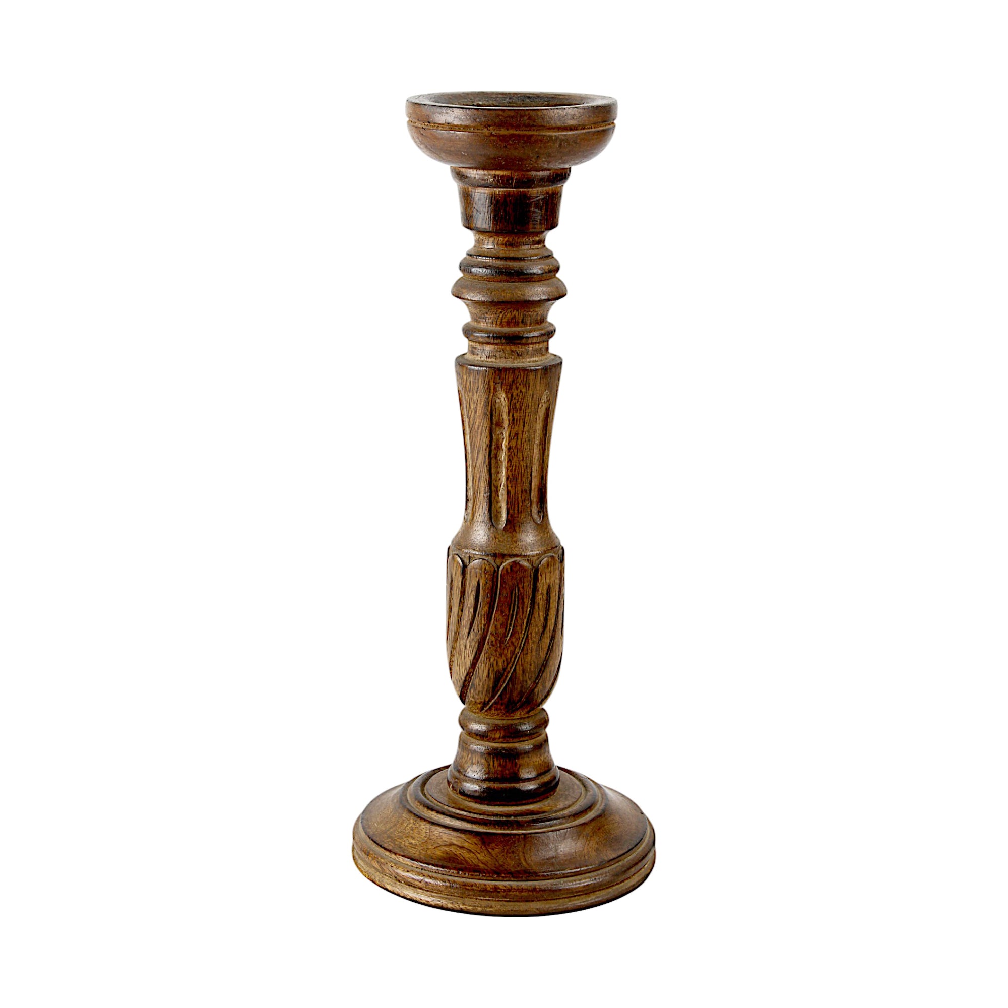 Handcrafted Mango Wood Brown Carved Pillar Candle Holder