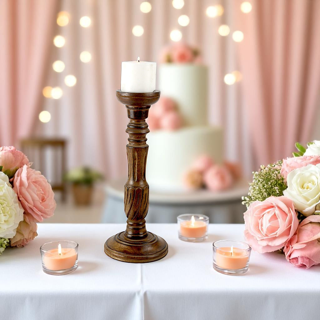 Handcrafted Mango Wood Brown Carved Pillar Candle Holder