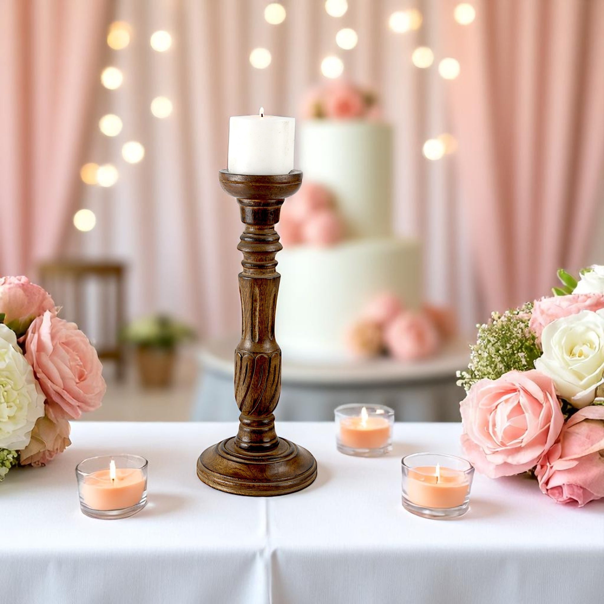 Handcrafted Mango Wood Brown Carved Pillar Candle Holder