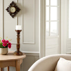 Handcrafted Mango Wood Brown Carved Pillar Candle Holder