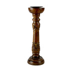Mango Wood Brown Carved Pillar Candle Holder – Dia 12.5cm x Height 40cm | Traditional Rustic Decor Accent