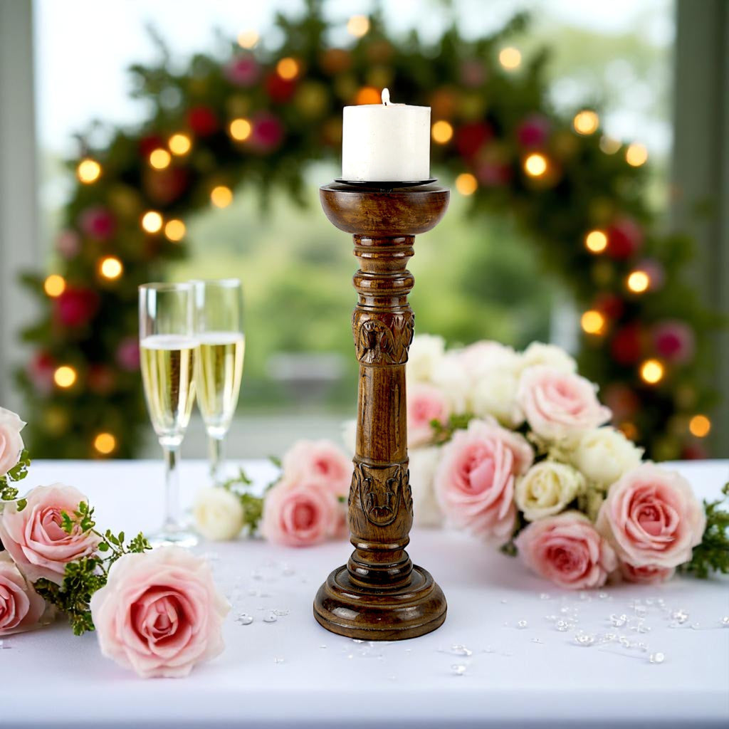 Mango Wood Brown Carved Pillar Candle Holder – Dia 12.5cm x Height 40cm | Traditional Rustic Decor Accent