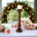 Mango Wood Brown Carved Pillar Candle Holder – Dia 12.5cm x Height 40cm | Traditional Rustic Decor Accent