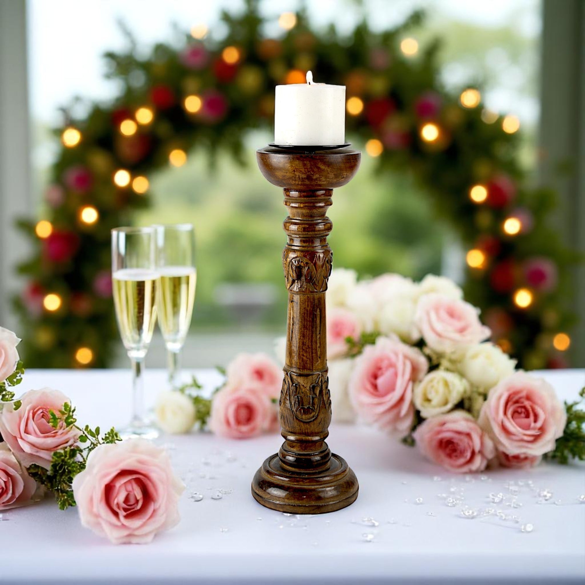 Mango Wood Brown Carved Pillar Candle Holder – Dia 12.5cm x Height 40cm | Traditional Rustic Decor Accent