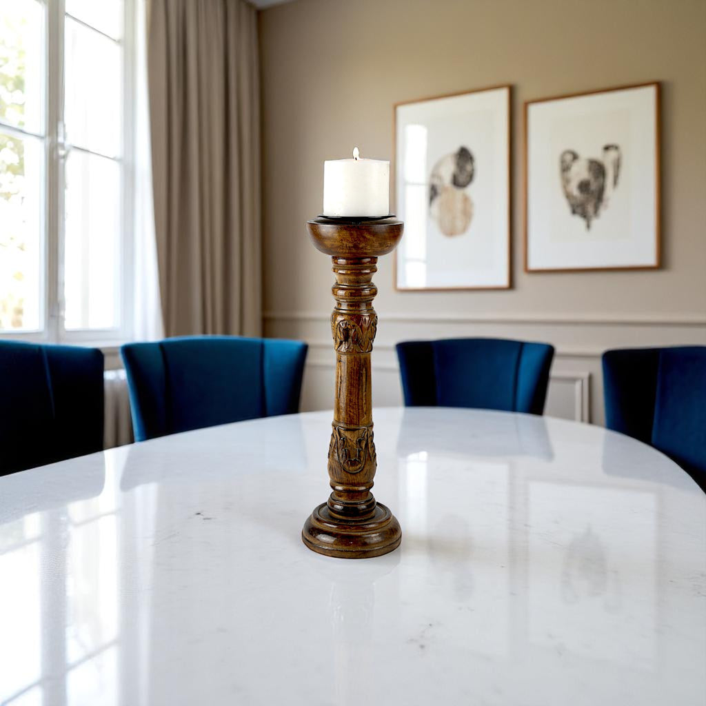 Mango Wood Brown Carved Pillar Candle Holder – Dia 12.5cm x Height 40cm | Traditional Rustic Decor Accent