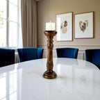 Mango Wood Brown Carved Pillar Candle Holder – Dia 12.5cm x Height 40cm | Traditional Rustic Decor Accent