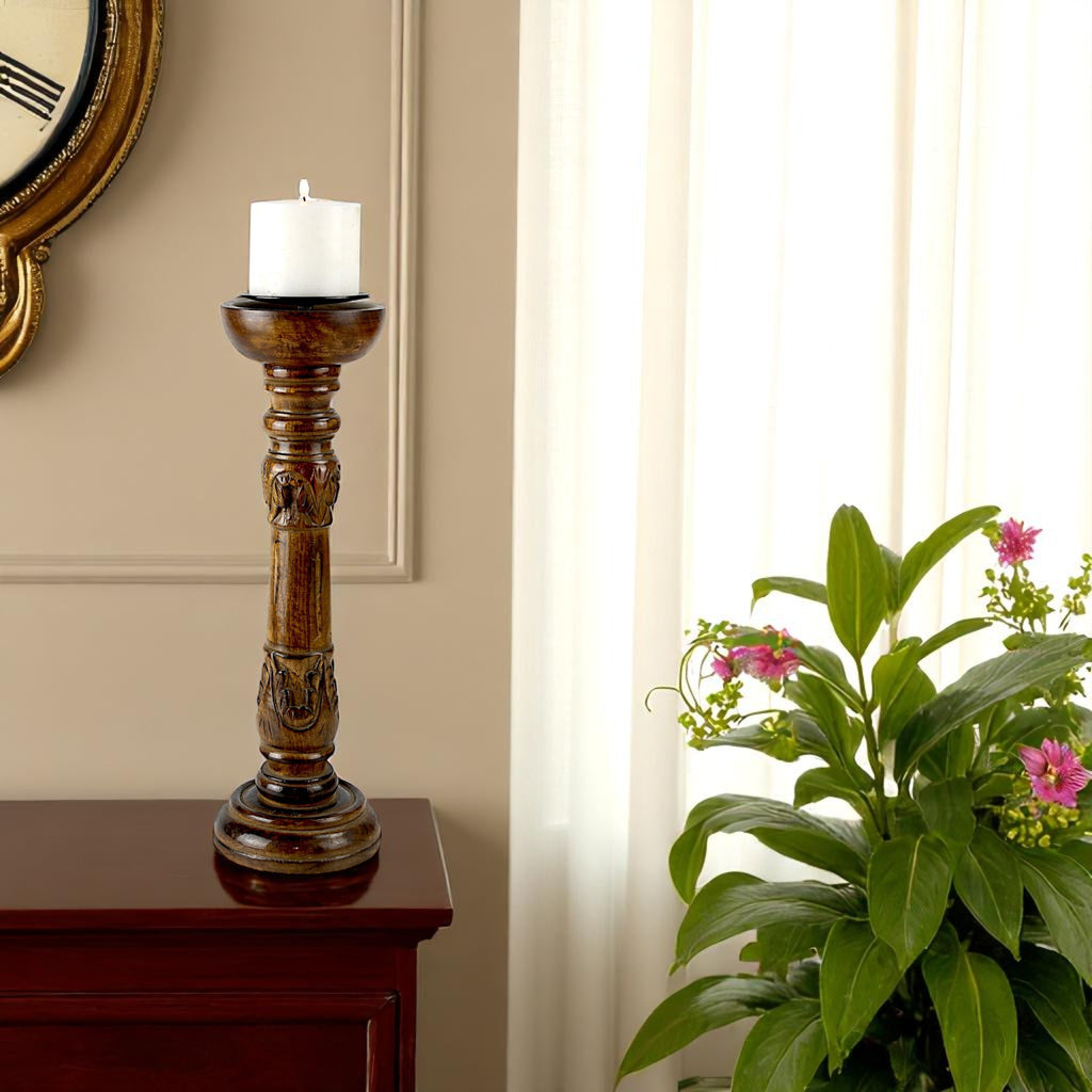 Mango Wood Brown Carved Pillar Candle Holder – Dia 12.5cm x Height 40cm | Traditional Rustic Decor Accent