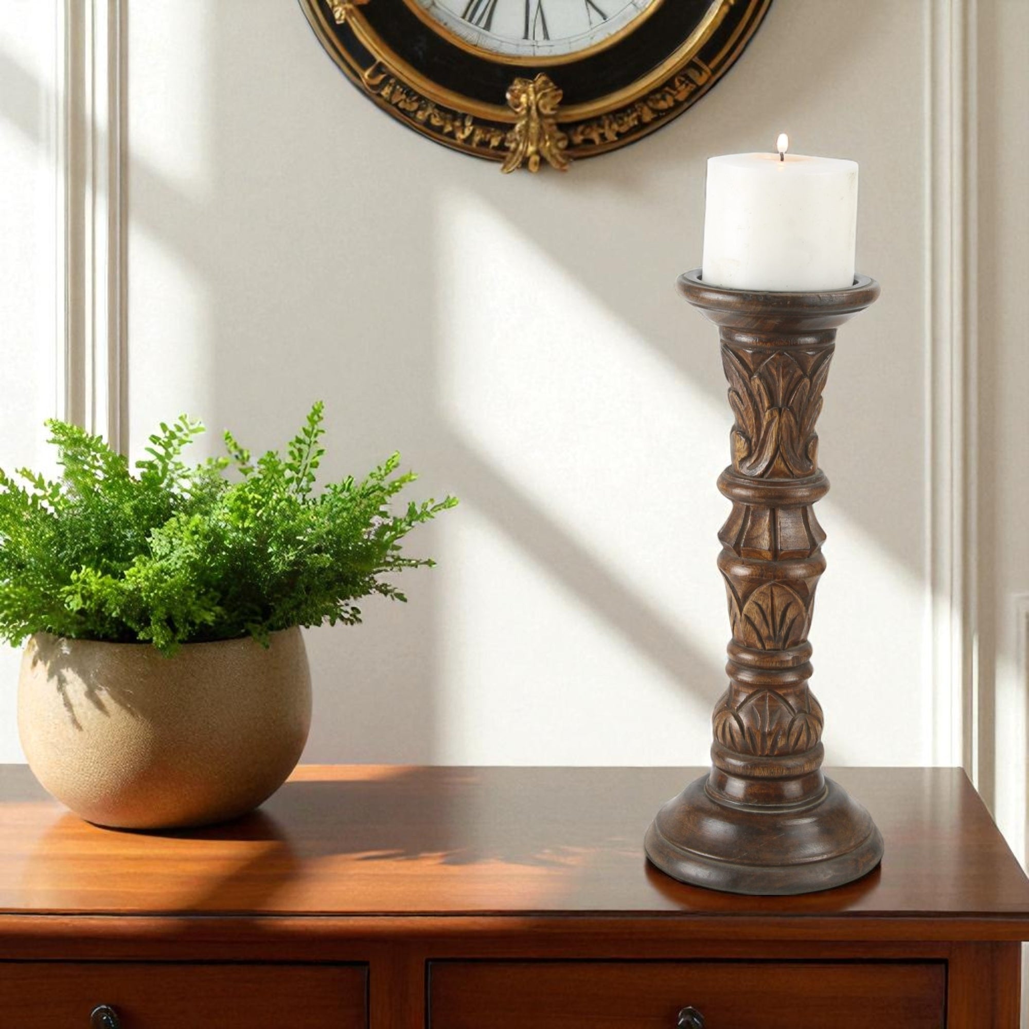 Mango Wood Antiqe Pillar Candle Holder