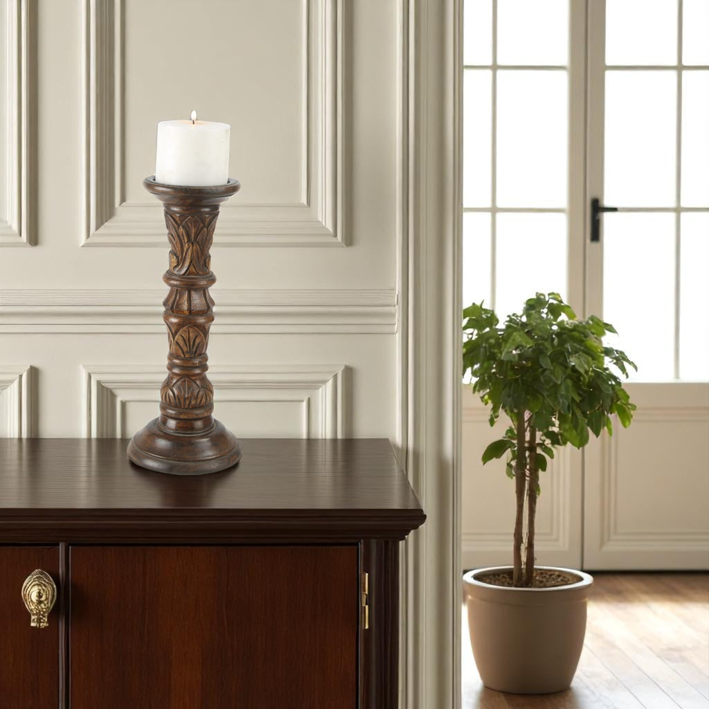 Mango Wood Antiqe Pillar Candle Holder