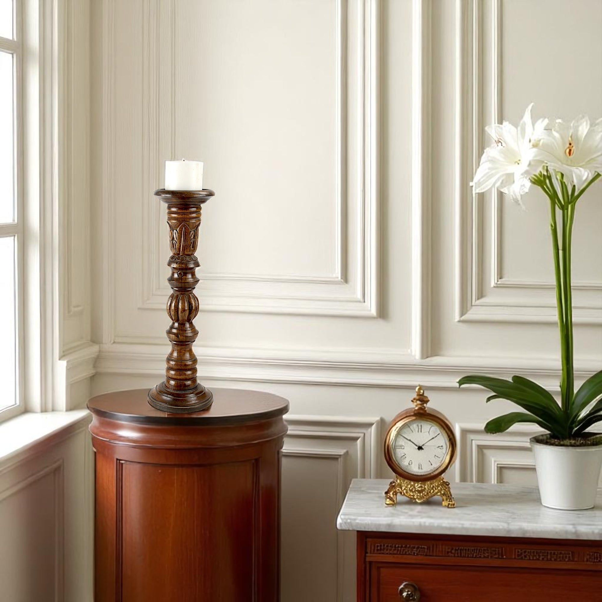 Mango Wood Antiqe Pillar Candle Holder