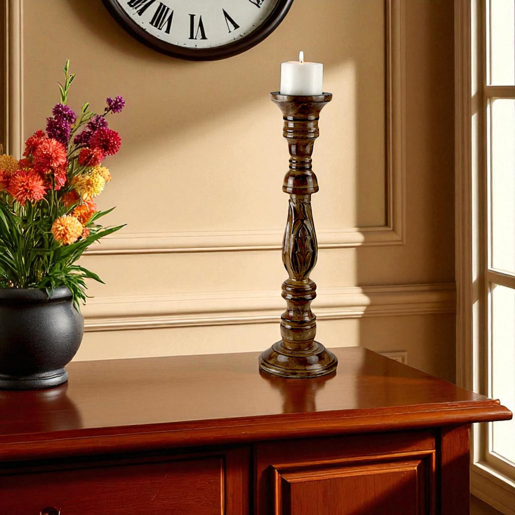 Mango Wood Brown Classic Candle Pillar Holder