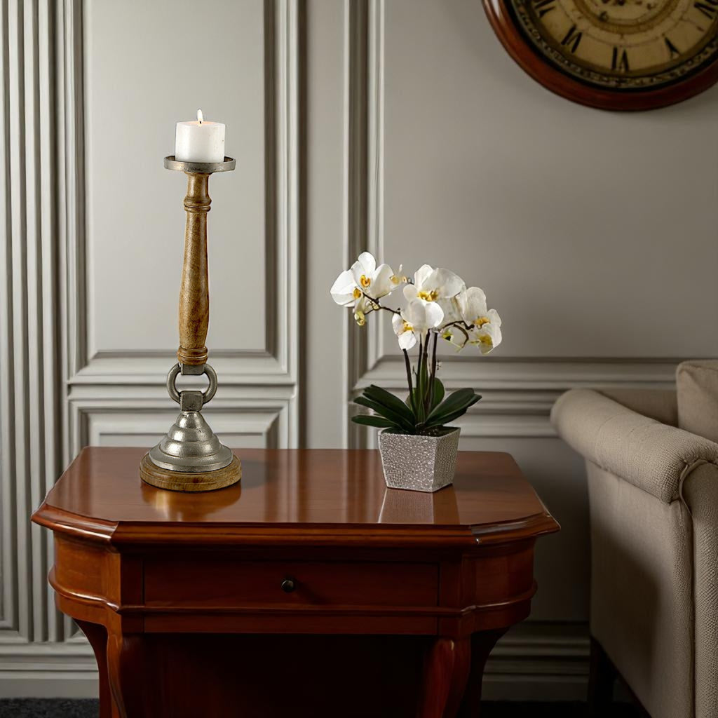 Mango Wood & Aluminum Classic Candle Holder