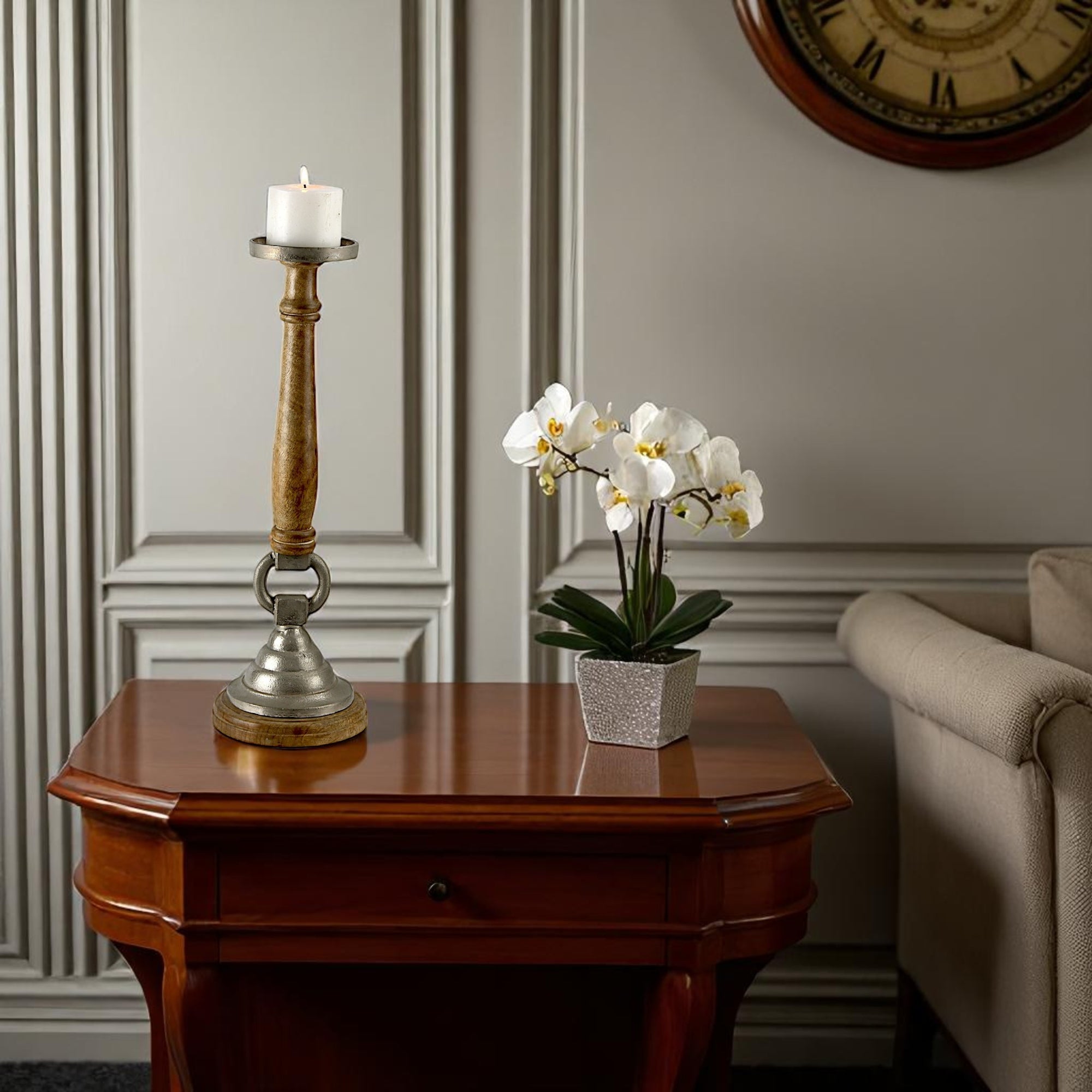 Mango Wood & Aluminum Classic Candle Holder