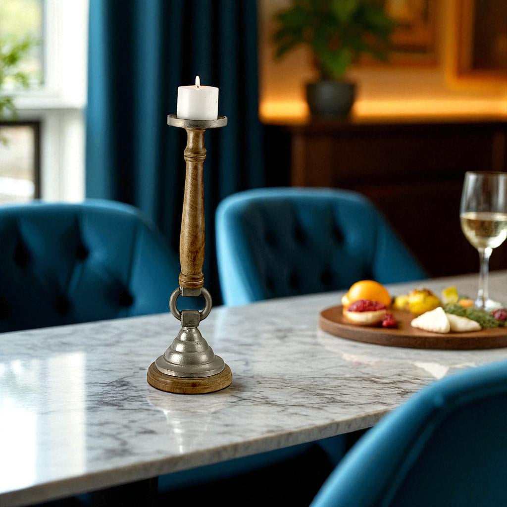 Mango Wood & Aluminum Classic Candle Holder