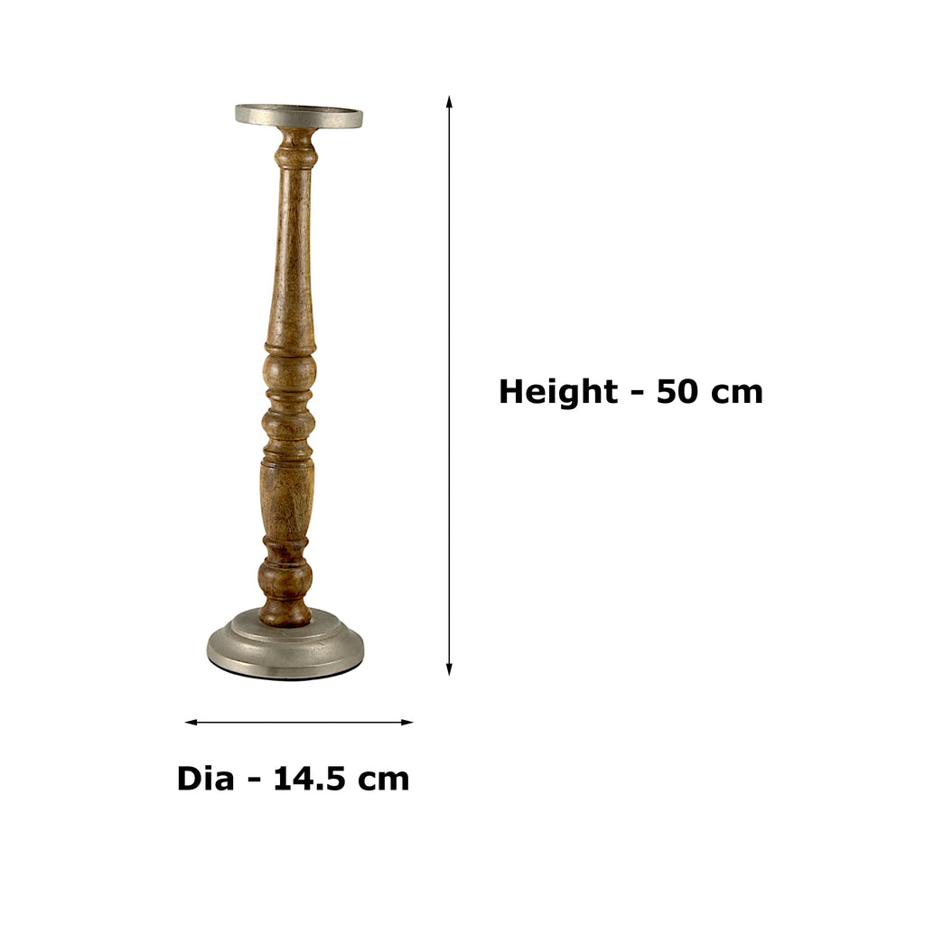Mango Wood Brown Classic tower Candle Pillar Holderwith aluminium base/top