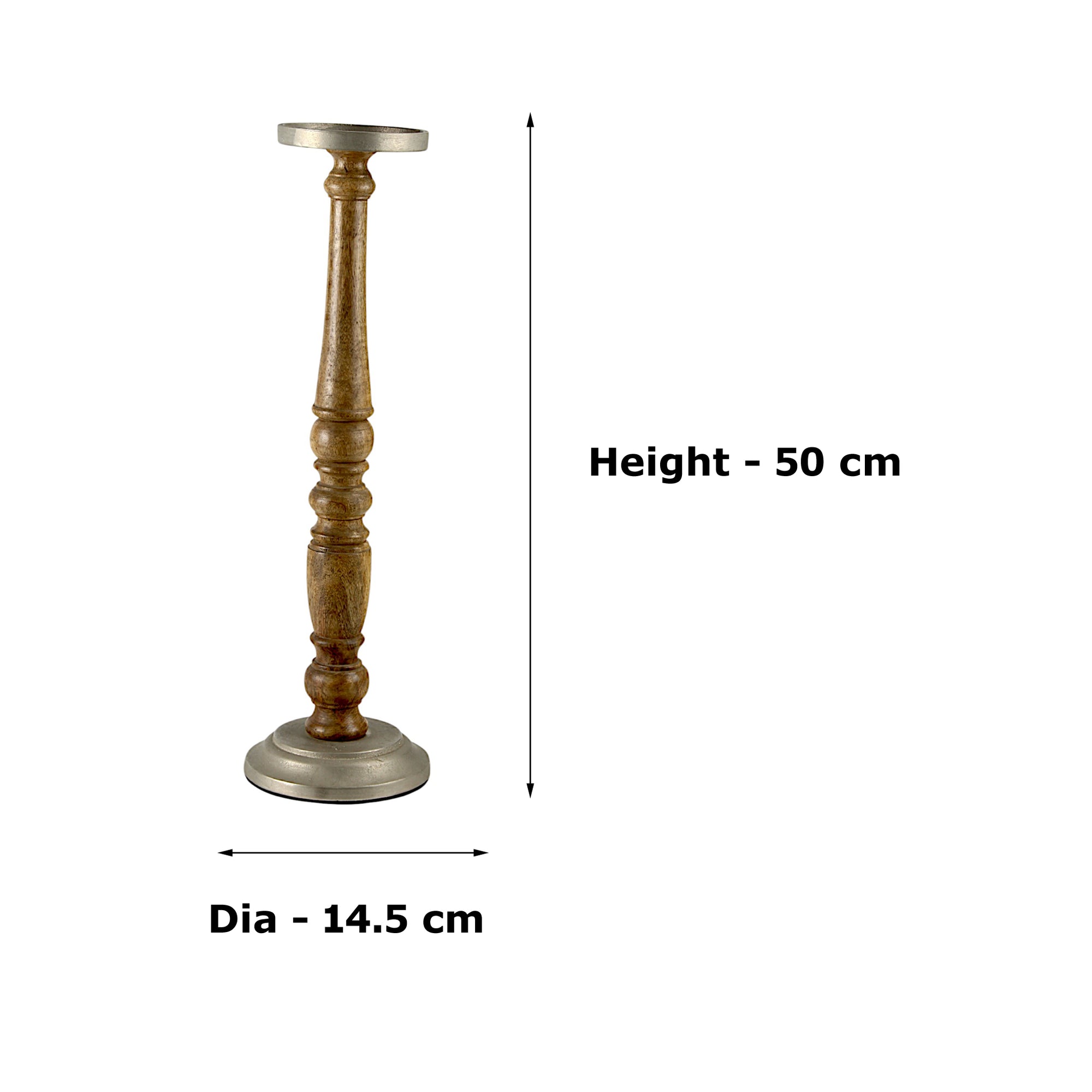 Mango Wood Brown Classic tower Candle Pillar Holderwith aluminium base/top