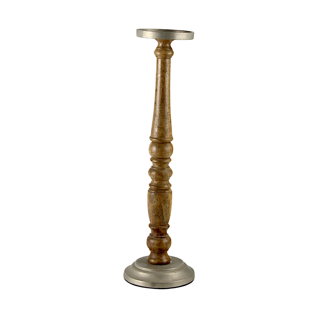 Mango Wood Brown Classic tower Candle Pillar Holderwith aluminium base/top