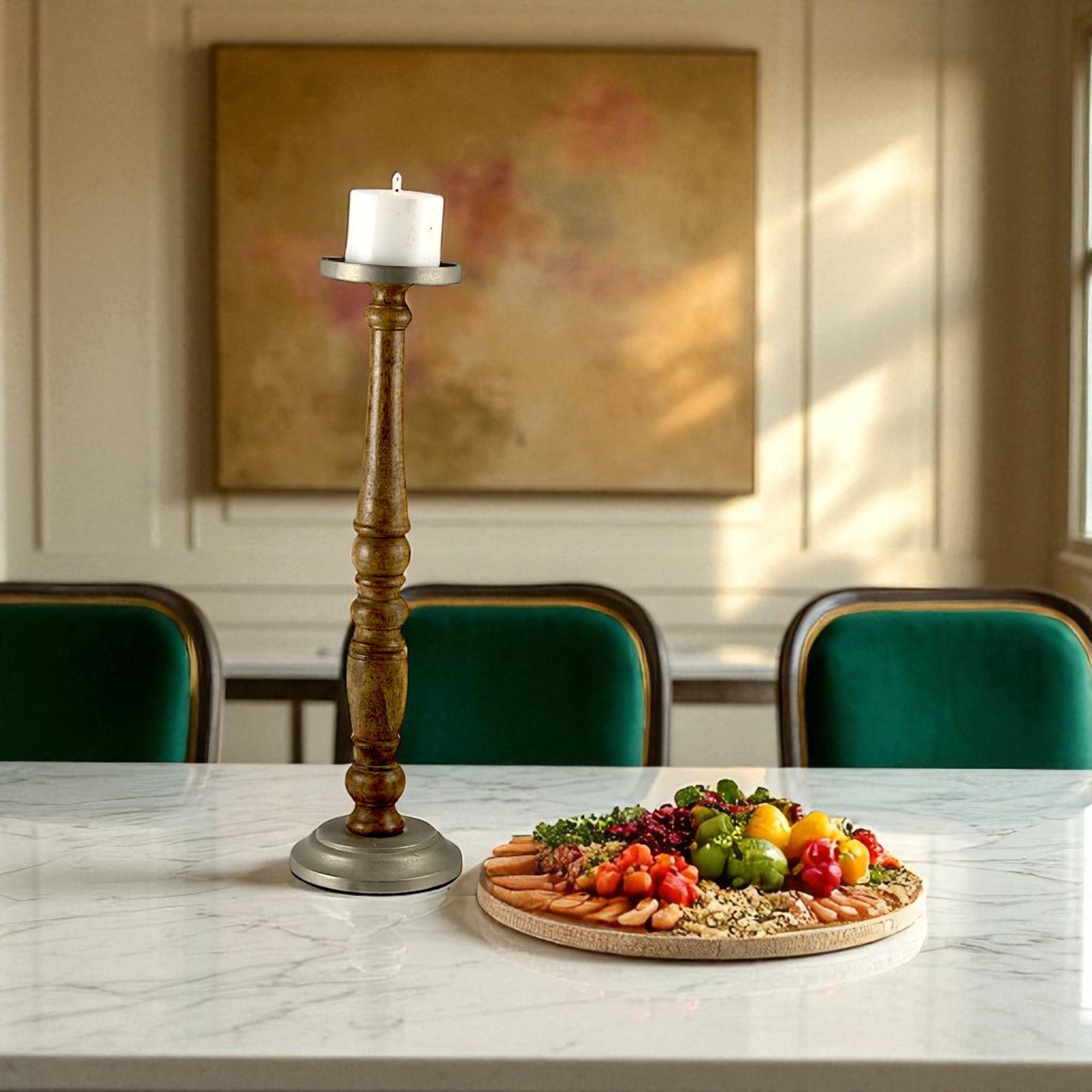 Mango Wood Brown Classic tower Candle Pillar Holderwith aluminium base/top