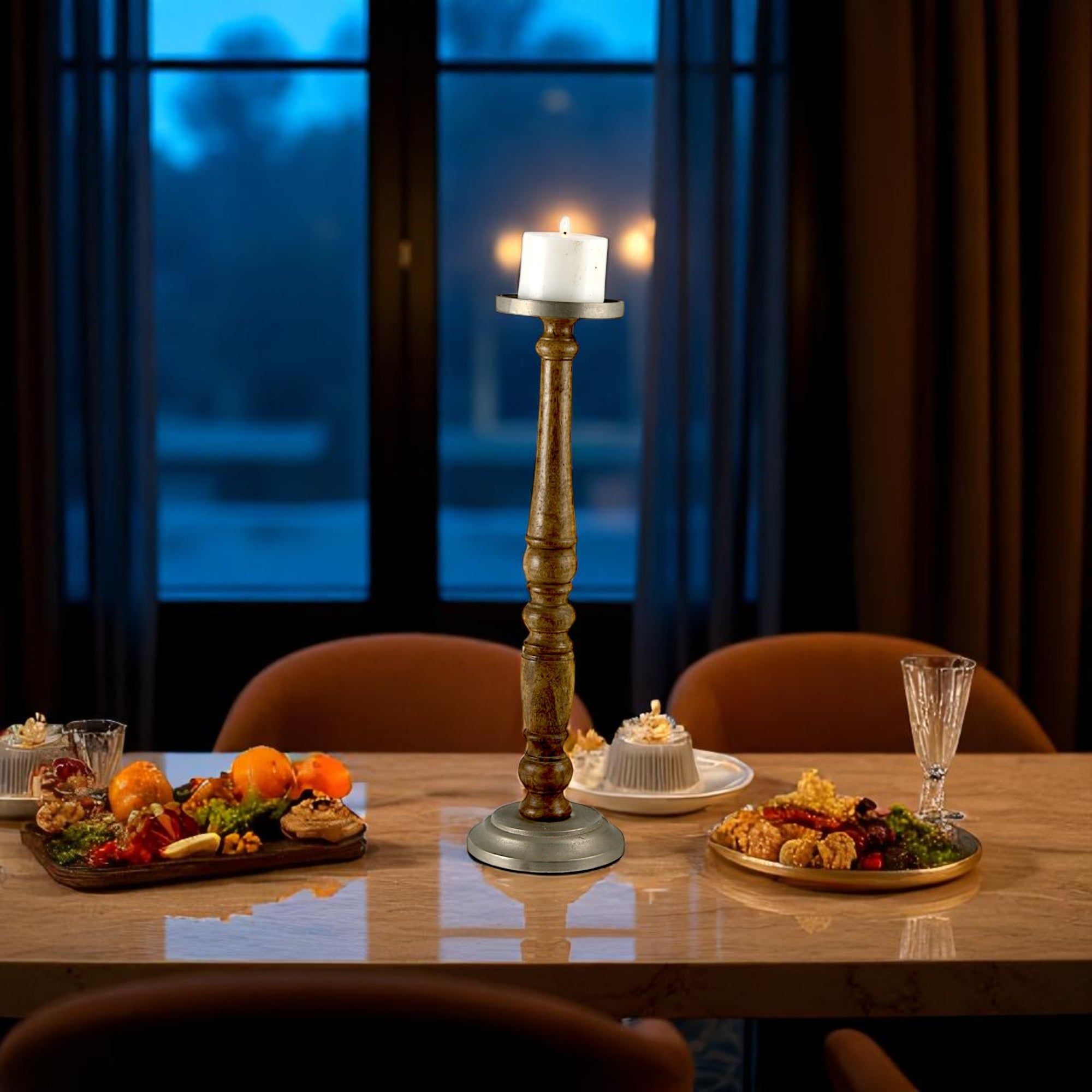 Mango Wood Brown Classic tower Candle Pillar Holderwith aluminium base/top