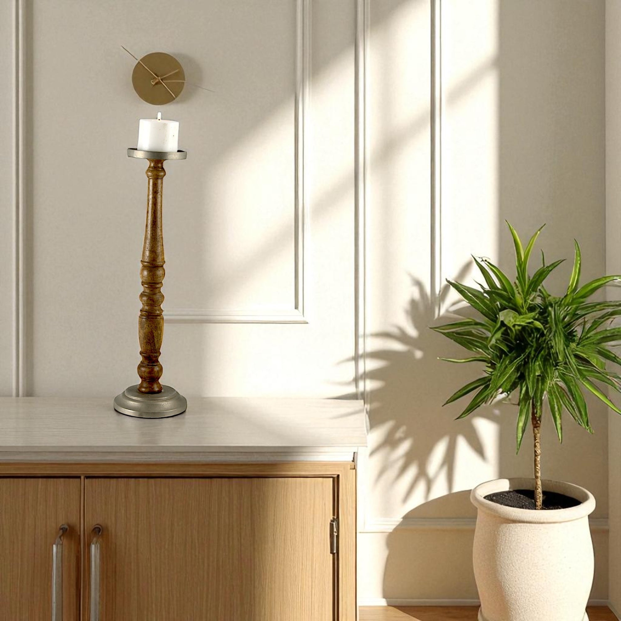 Mango Wood Brown Classic tower Candle Pillar Holderwith aluminium base/top