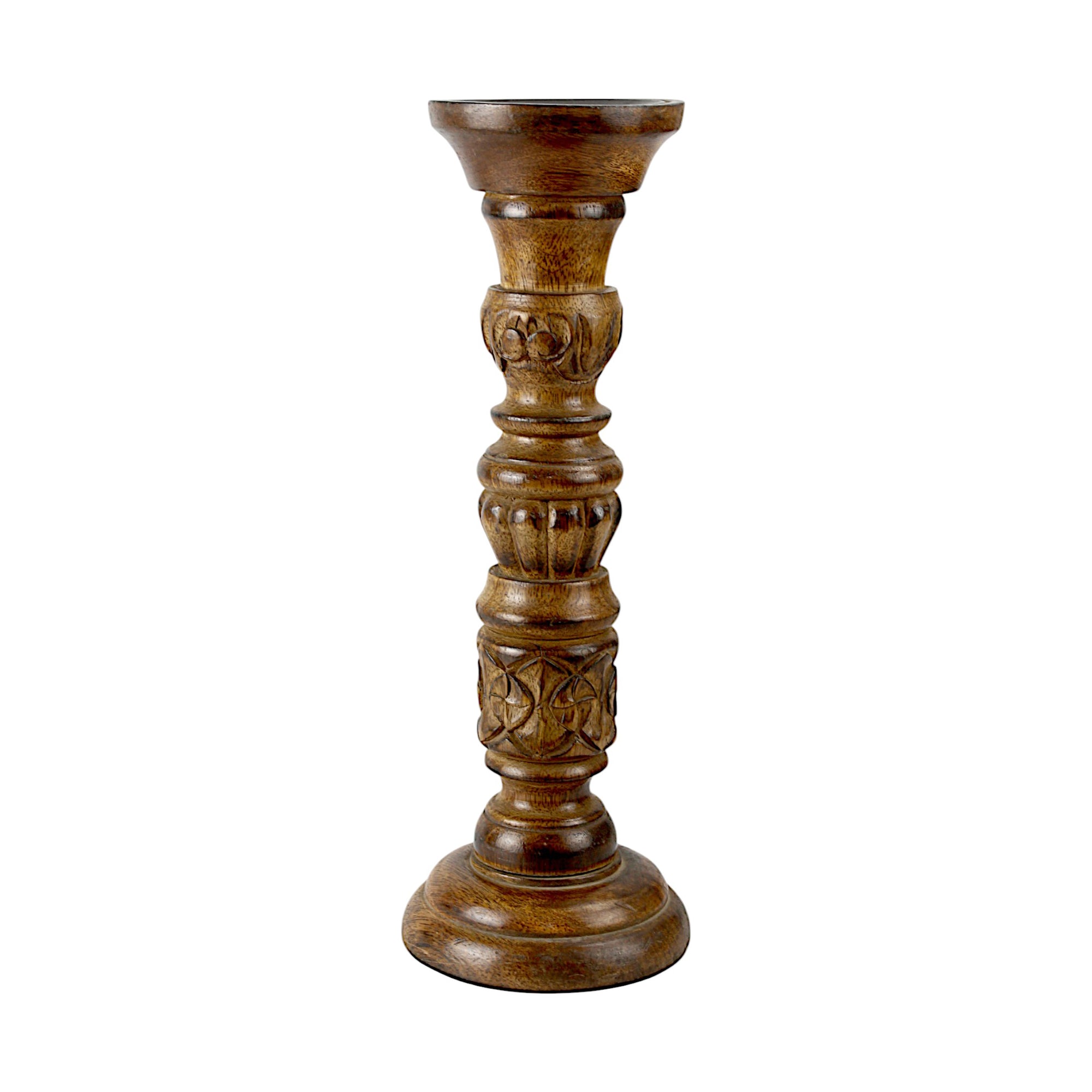 Mango Wood Antique Carved Pillar Candle Holder