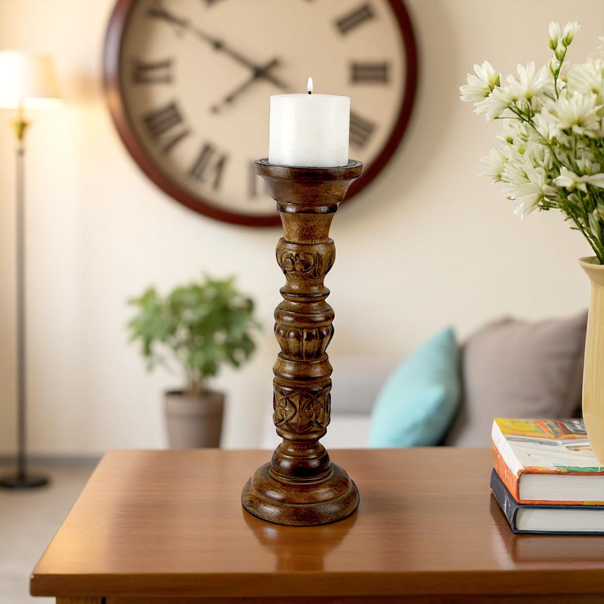 Mango Wood Antique Carved Pillar Candle Holder