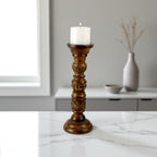 Mango Wood Antique Carved Pillar Candle Holder