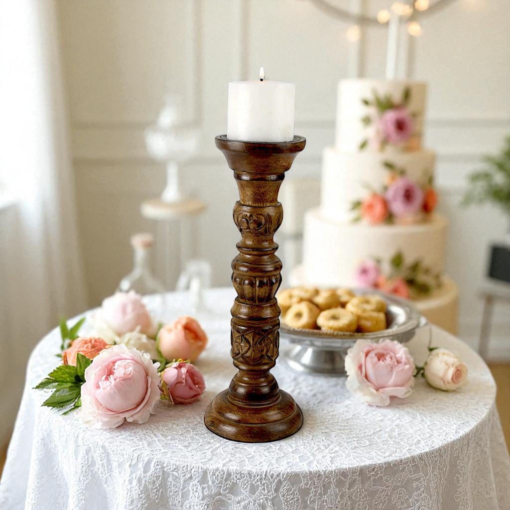 Mango Wood Antique Carved Pillar Candle Holder