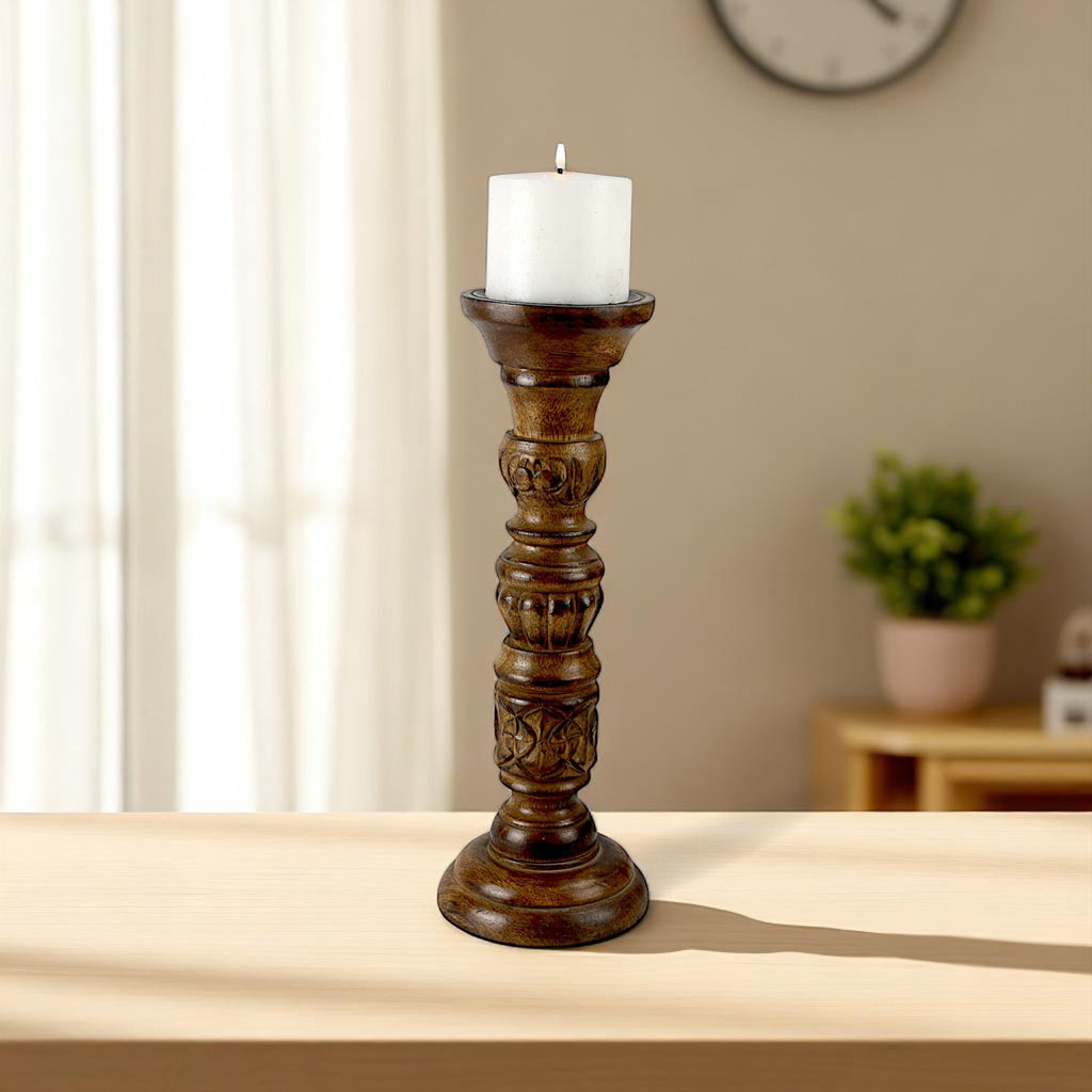 Mango Wood Antique Carved Pillar Candle Holder