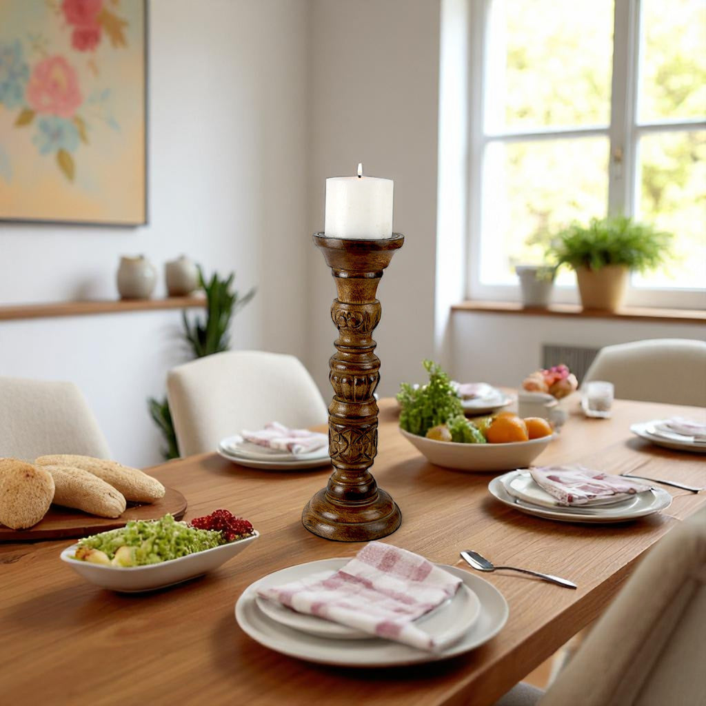 Mango Wood Antique Carved Pillar Candle Holder