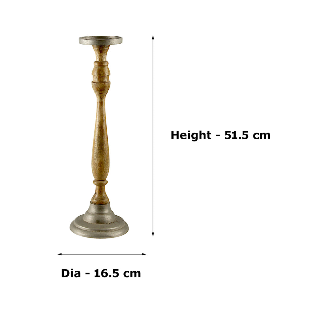 Mango Wood Brown Candle Pillar Holder with Aluminium Base & Top