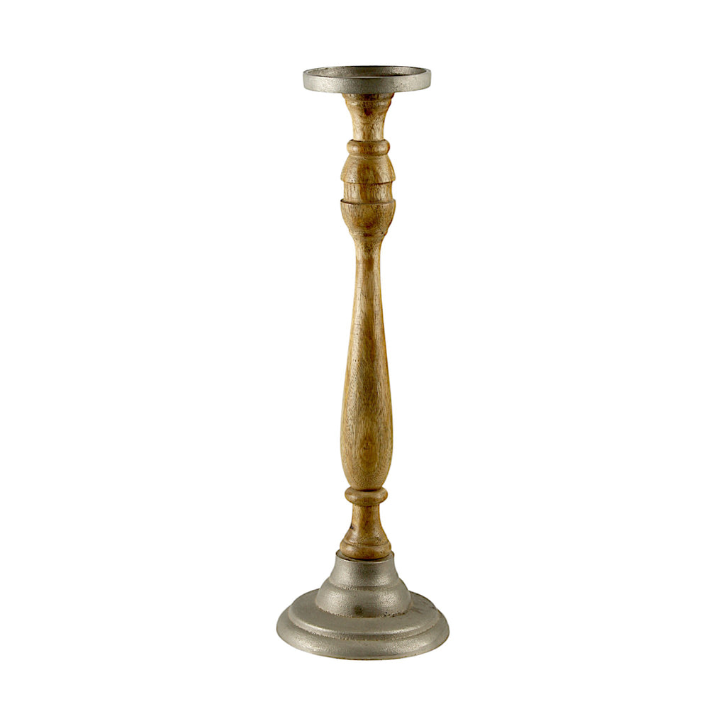 Mango Wood Brown Candle Pillar Holder with Aluminium Base & Top