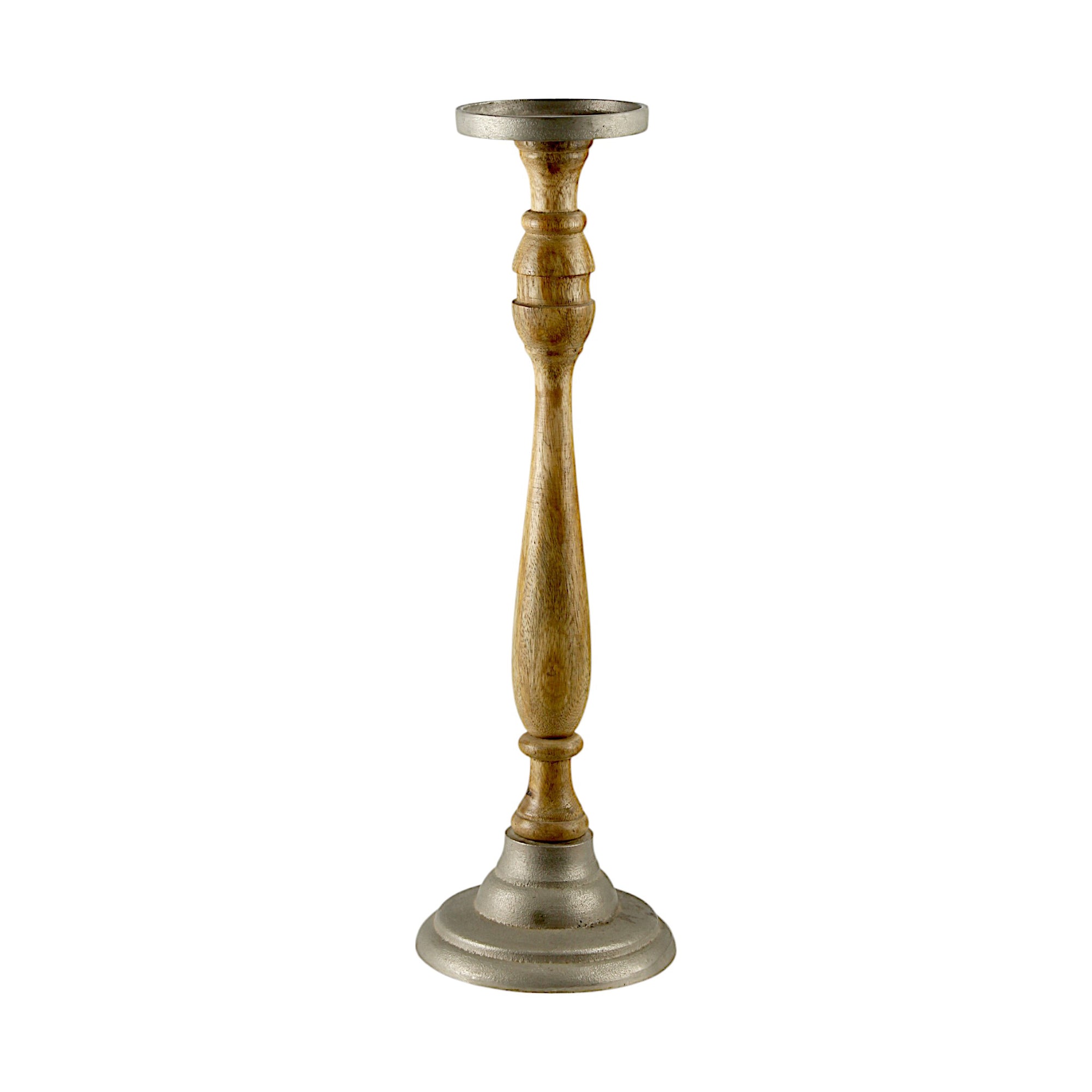 Mango Wood Brown Candle Pillar Holder with Aluminium Base & Top