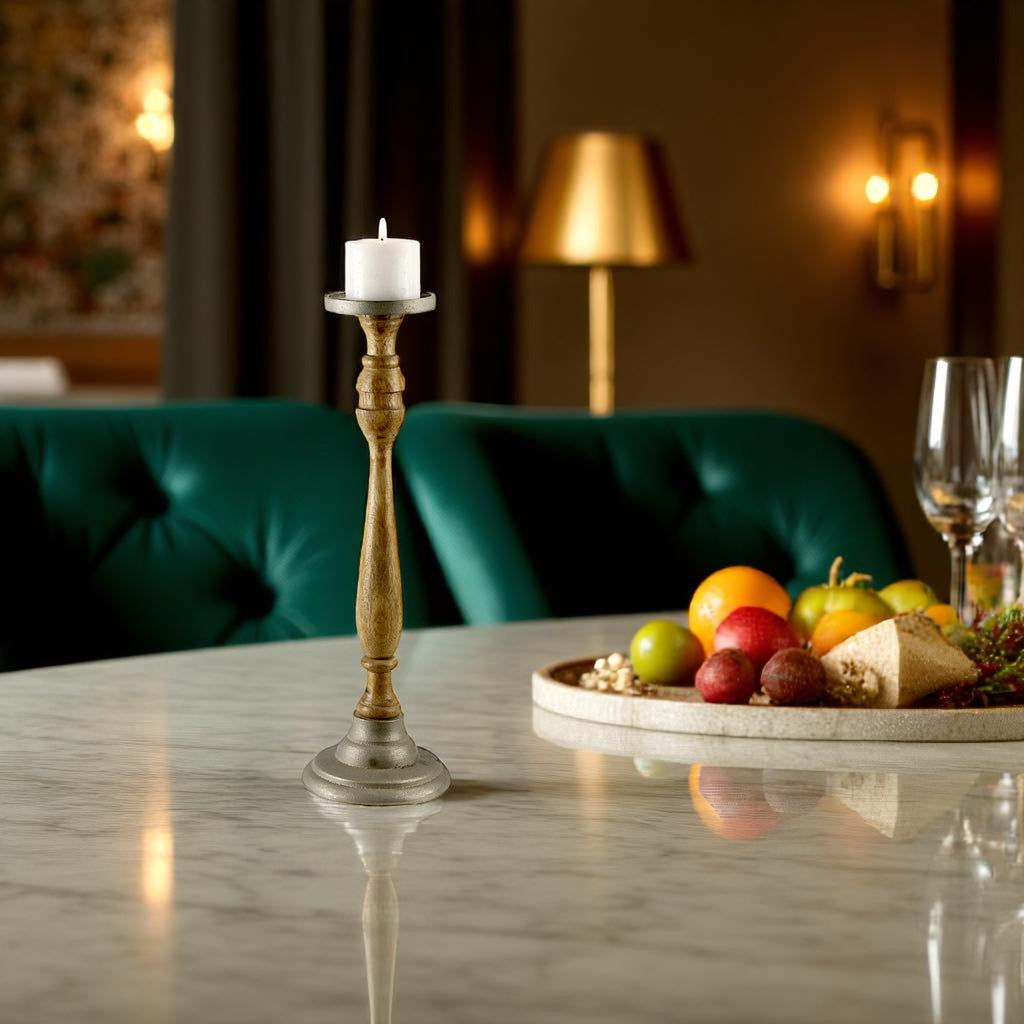 Mango Wood Brown Candle Pillar Holder with Aluminium Base & Top