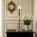 Mango Wood Brown Candle Pillar Holder with Aluminium Base & Top