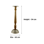 Mango Wood Brown Candle Pillar Holder with Round Aluminium Base & Top