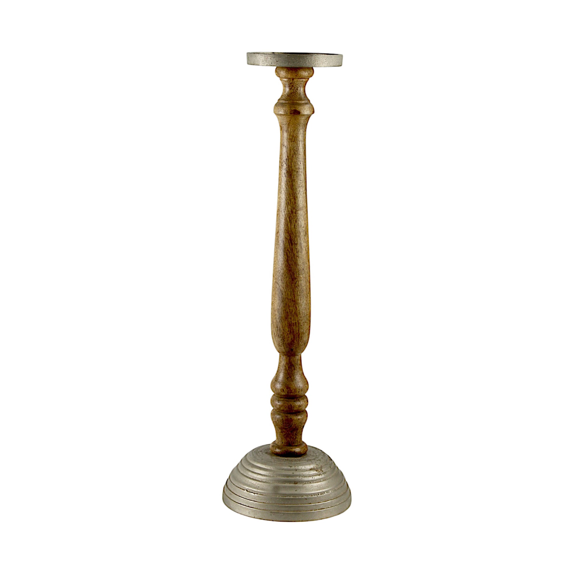 Mango Wood Brown Candle Pillar Holder with Round Aluminium Base & Top