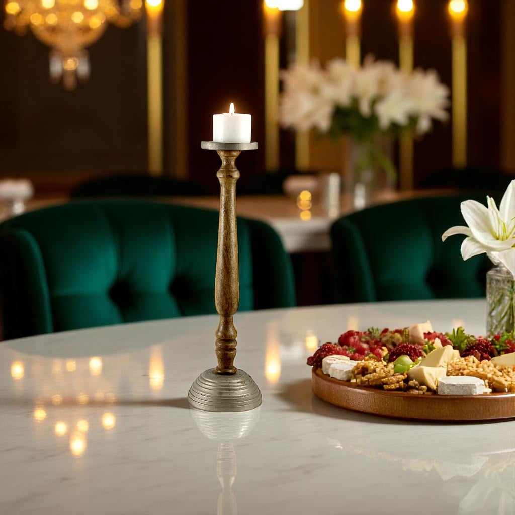 Mango Wood Brown Candle Pillar Holder with Round Aluminium Base & Top