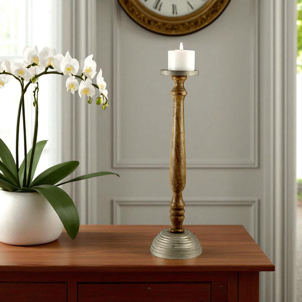 Mango Wood Brown Candle Pillar Holder with Round Aluminium Base & Top
