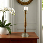 Mango Wood Brown Candle Pillar Holder with Round Aluminium Base & Top