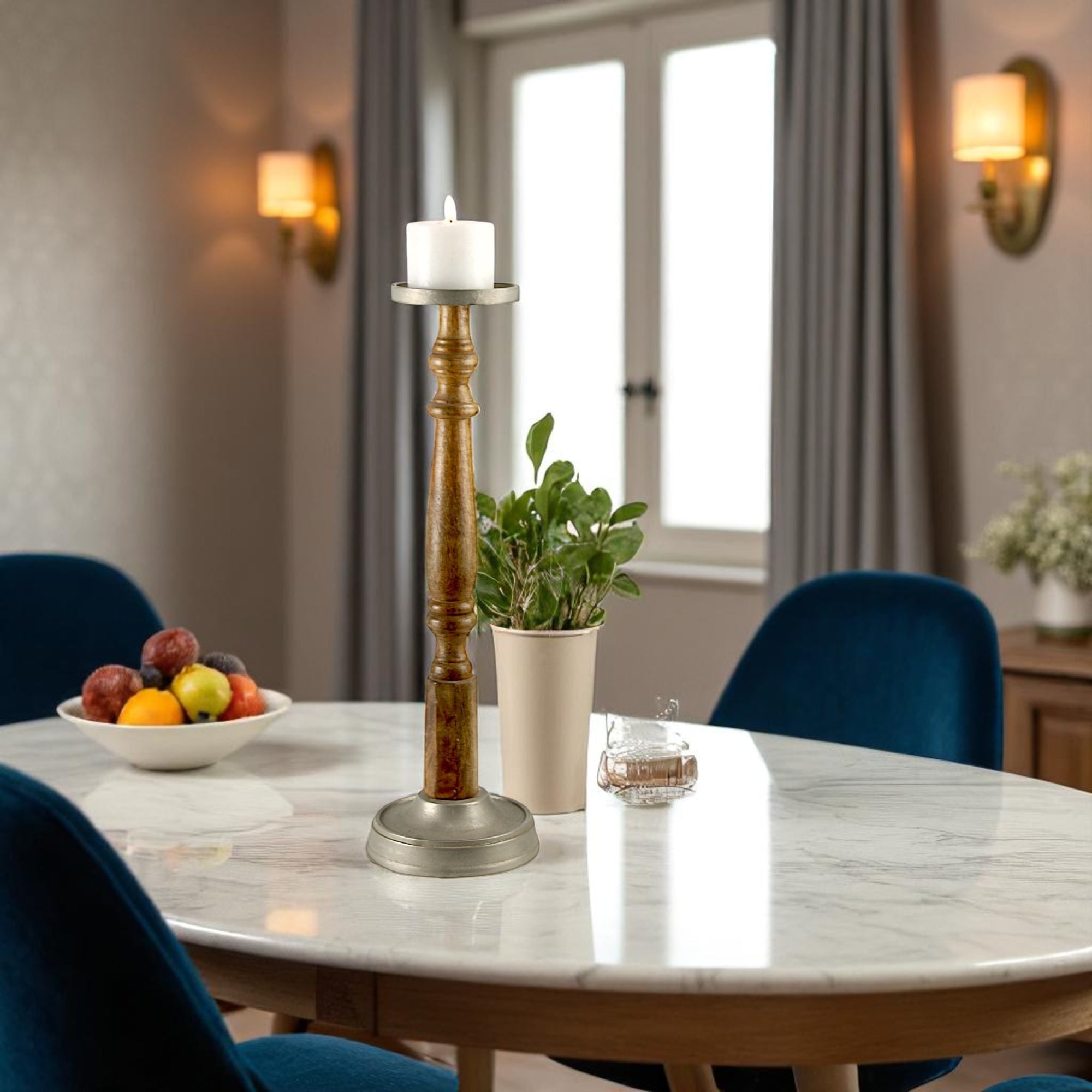 Mango Wood & Aluminium square ringTaper Candle Pillar Holder