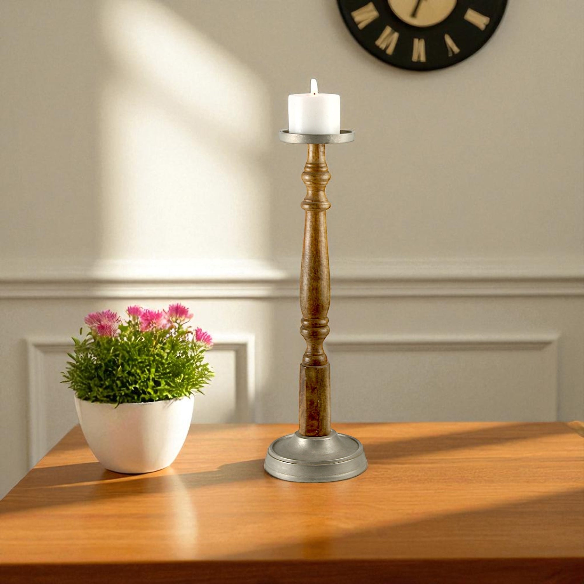 Mango Wood & Aluminium square ringTaper Candle Pillar Holder