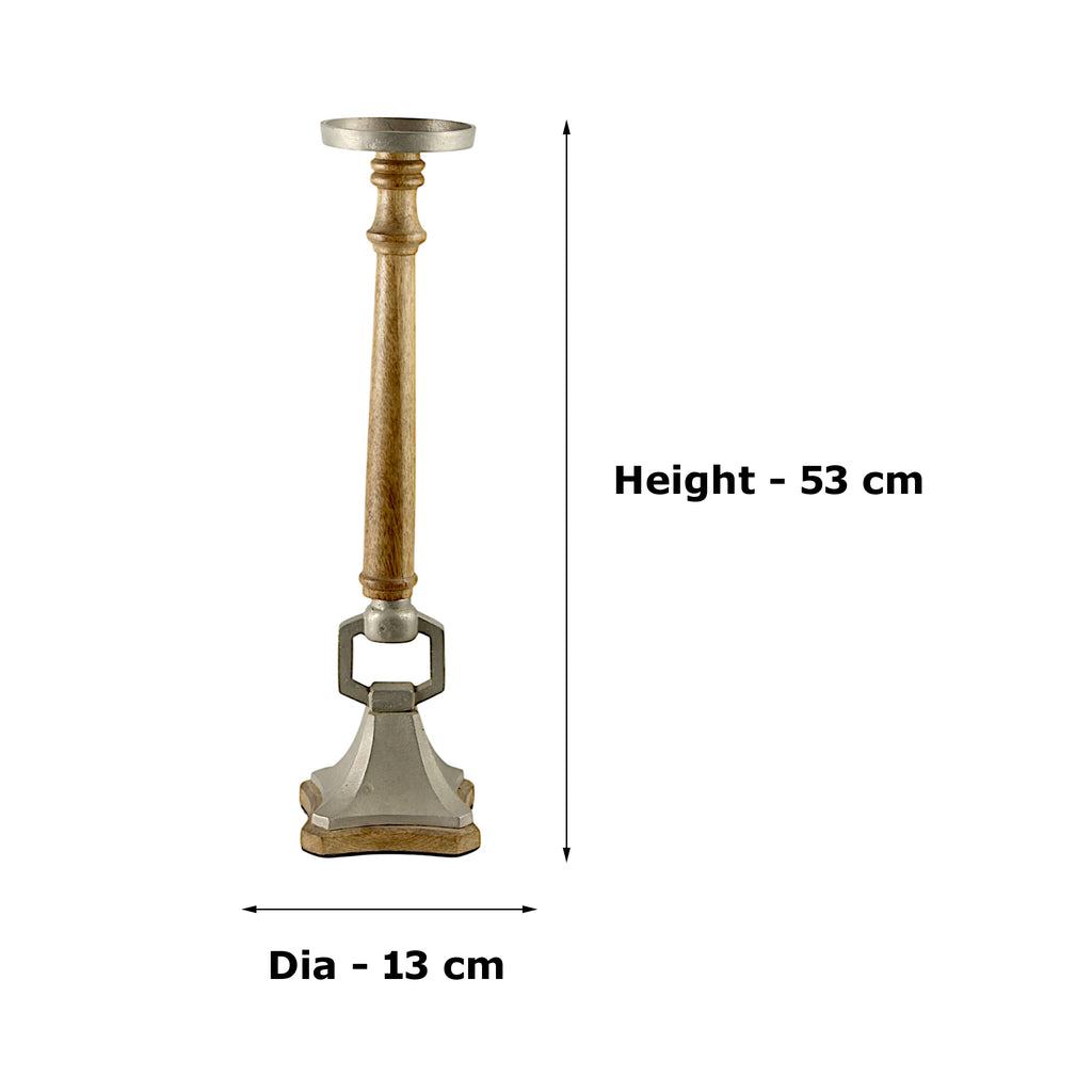 Mango Wood & Aluminium round ringTaper Candle Pillar Holder